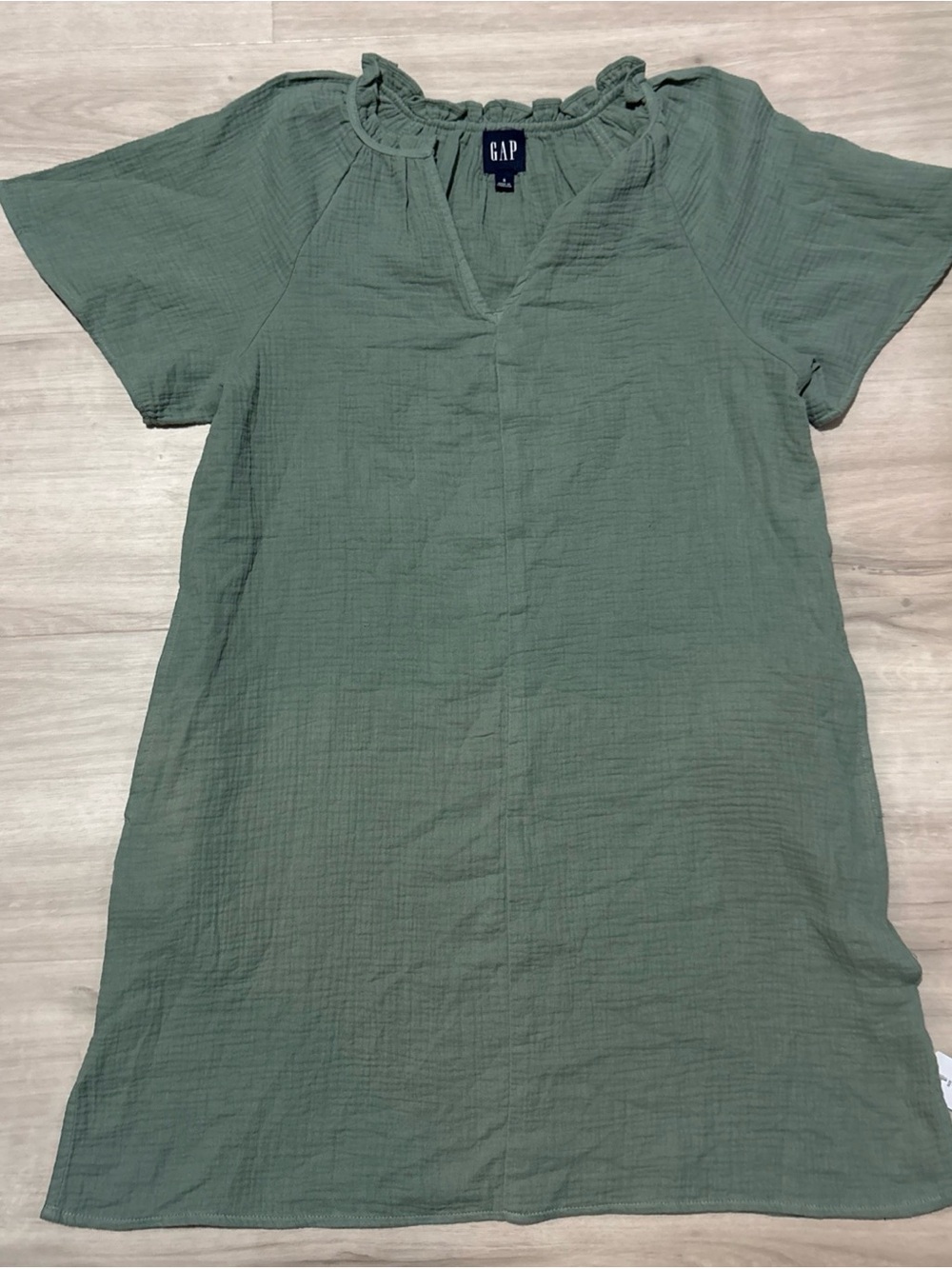 NEW GAP Women's Sage Green Short Sleeve Gauze Ruffle Neck Popover Dress Sz S
